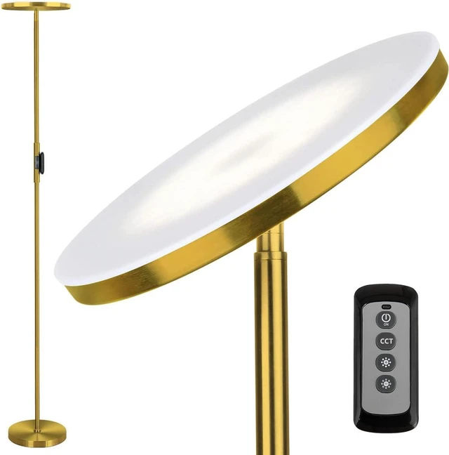 Main image of LED Torchiere Floor Lamp with Remote, Stepless Dimmable, Brushed Gold Super bright uplight fills ceilings and dark corners for living rooms, bedrooms, home offices, reading nooks and apartments