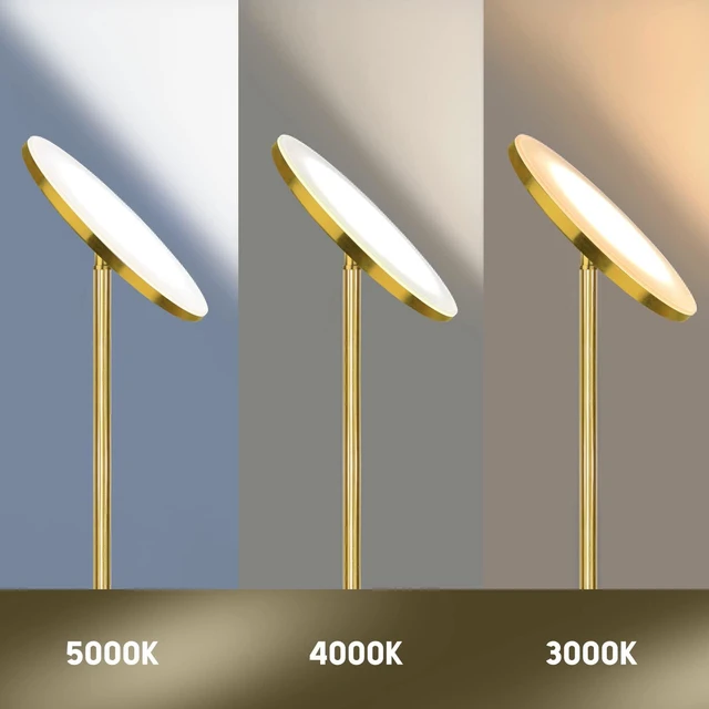 Alt view image 2 of 7 - LED Torchiere Floor Lamp with Remote, Stepless Dimmable, Brushed Gold Super bright uplight fills ceilings and dark corners for living rooms, bedrooms, home offices, reading nooks and apartments