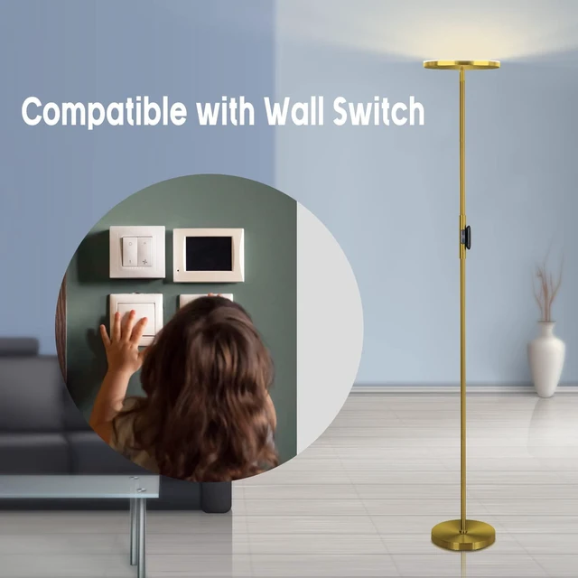 Alt view image 7 of 7 - LED Torchiere Floor Lamp with Remote, Stepless Dimmable, Brushed Gold Super bright uplight fills ceilings and dark corners for living rooms, bedrooms, home offices, reading nooks and apartments