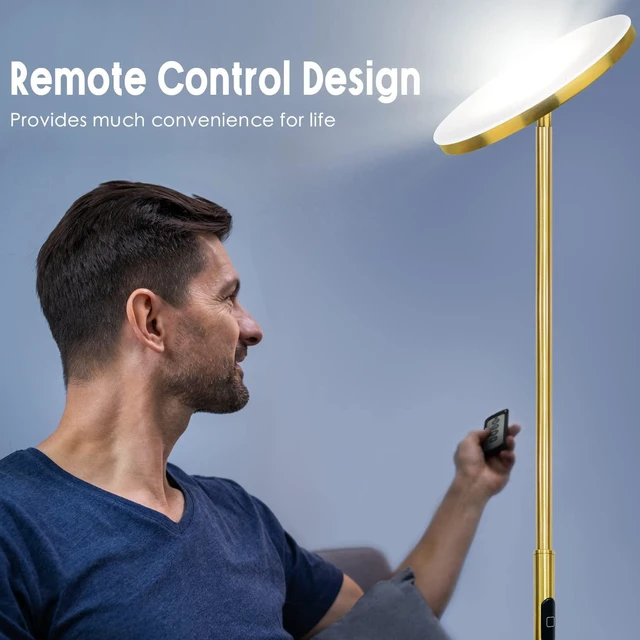 Alt view image 5 of 7 - LED Torchiere Floor Lamp with Remote, Stepless Dimmable, Brushed Gold Super bright uplight fills ceilings and dark corners for living rooms, bedrooms, home offices, reading nooks and apartments