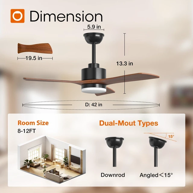 Alt view image 3 of 7 - 42 Inch Solid Wood Ceiling Fans with Lights and Remote Control 3CCT dimmable light, quiet reversible DC motor, 6 speeds, memory, timer; bedrooms, living rooms, covered patios and gazebos