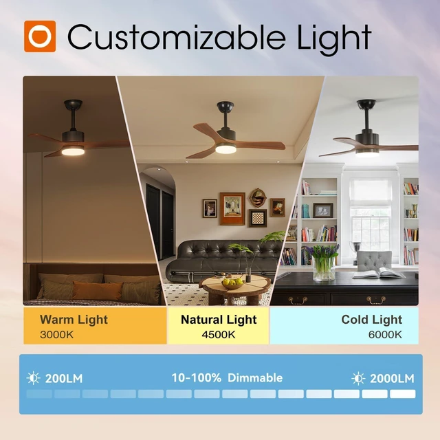 Alt view image 7 of 7 - 42 Inch Solid Wood Ceiling Fans with Lights and Remote Control 3CCT dimmable light, quiet reversible DC motor, 6 speeds, memory, timer; bedrooms, living rooms, covered patios and gazebos