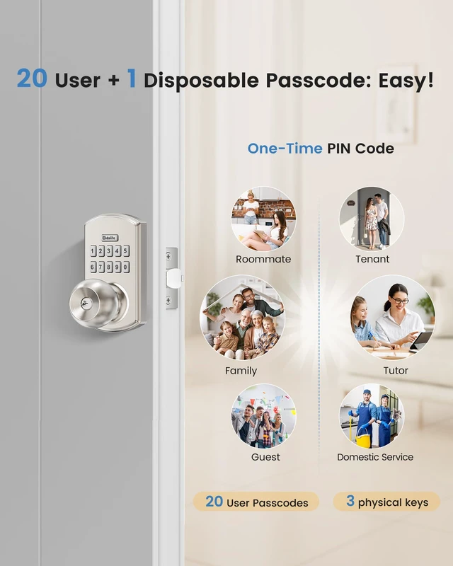 Alt view image 3 of 7 - Smart Door Knob with Keypad Keyless Entry Lock Code Satin Nickel 2 Pack 20 User Codes One-Time Codes Anti-Peep Auto-Lock Timer Passage Mode Silent Option Easy DIY Install Secure & Convenient
