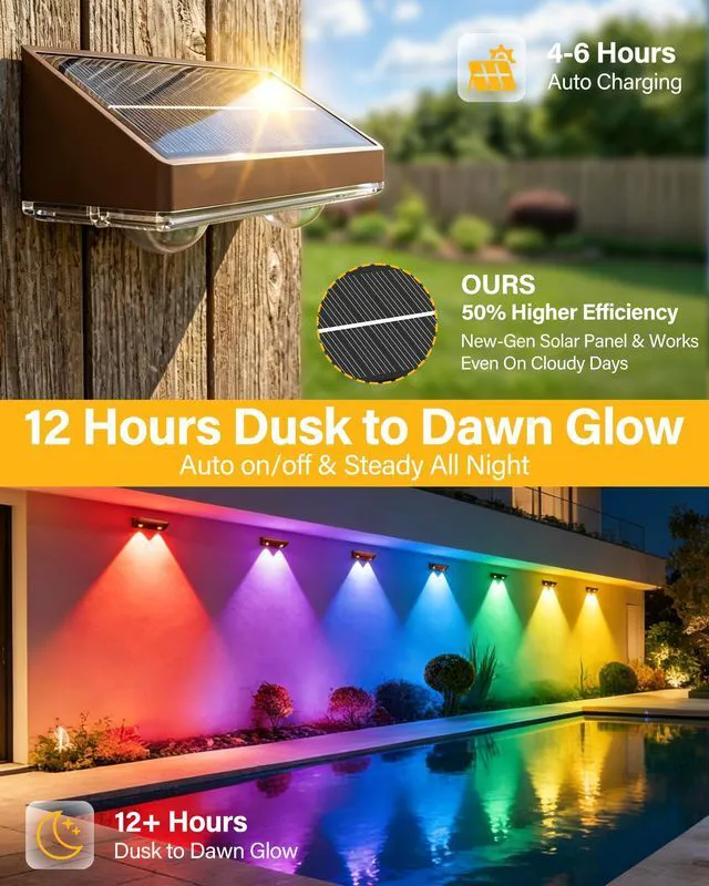 Alt view image 3 of 7 - Solar Fence Lights Outdoor, 16 Pack Fence Lights Solar Powered 60LM Solar Fence Lights, 9 RGB Color Modes, IP65 Waterproof, 12H Dusk to Dawn Glow for Pool/Deck/Patio/Wall/Backyard - Brown