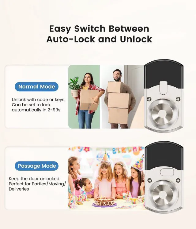 Alt view image 5 of 7 - Smart Door Knob with Keypad Keyless Entry Lock Code Satin Nickel 2 Pack 20 User Codes One-Time Codes Anti-Peep Auto-Lock Timer Passage Mode Silent Option Easy DIY Install Secure & Convenient