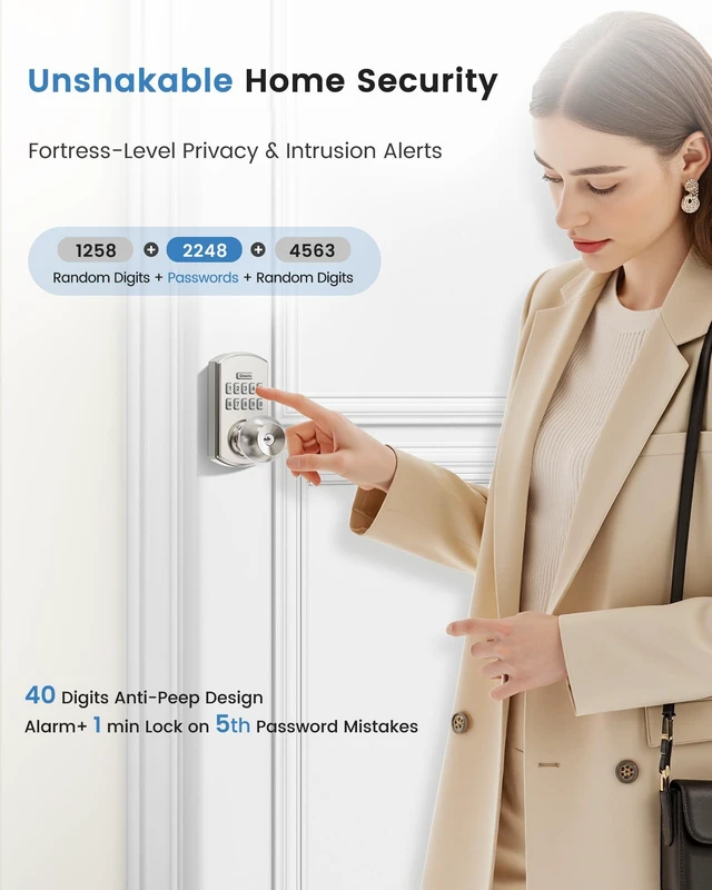 Alt view image 7 of 7 - Smart Door Knob with Keypad Keyless Entry Lock Code Satin Nickel 2 Pack 20 User Codes One-Time Codes Anti-Peep Auto-Lock Timer Passage Mode Silent Option Easy DIY Install Secure & Convenient