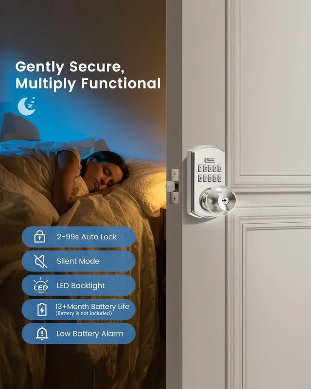 Alt view image 6 of 7 - Smart Door Knob with Keypad Keyless Entry Lock Code Satin Nickel 2 Pack 20 User Codes One-Time Codes Anti-Peep Auto-Lock Timer Passage Mode Silent Option Easy DIY Install Secure & Convenient