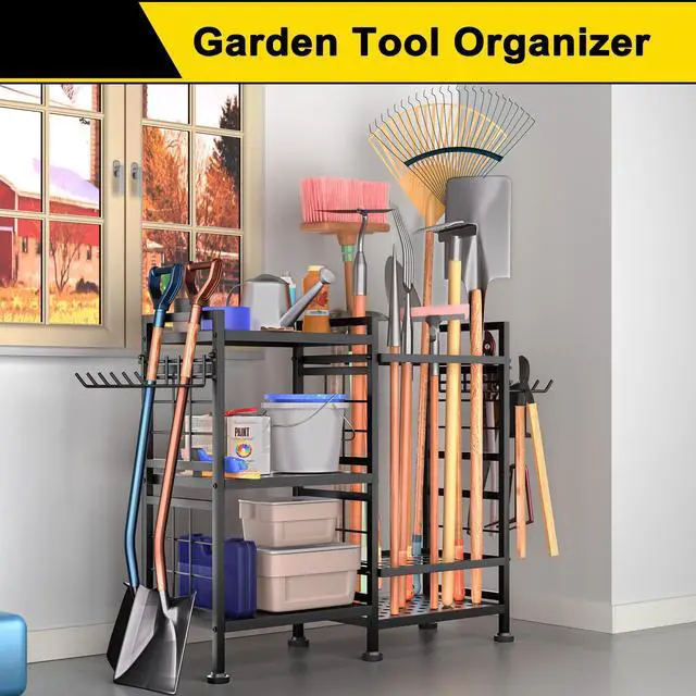 Alt view image 2 of 7 - 6 Tier Garden Tool Organizer, Garage Storage and Organization, Metal Yard Tools Storage Rack, Heavy Duty Garden Tool Organizer for Garage, Yard, Patio, Shed, Indoors and Outdoors, Black