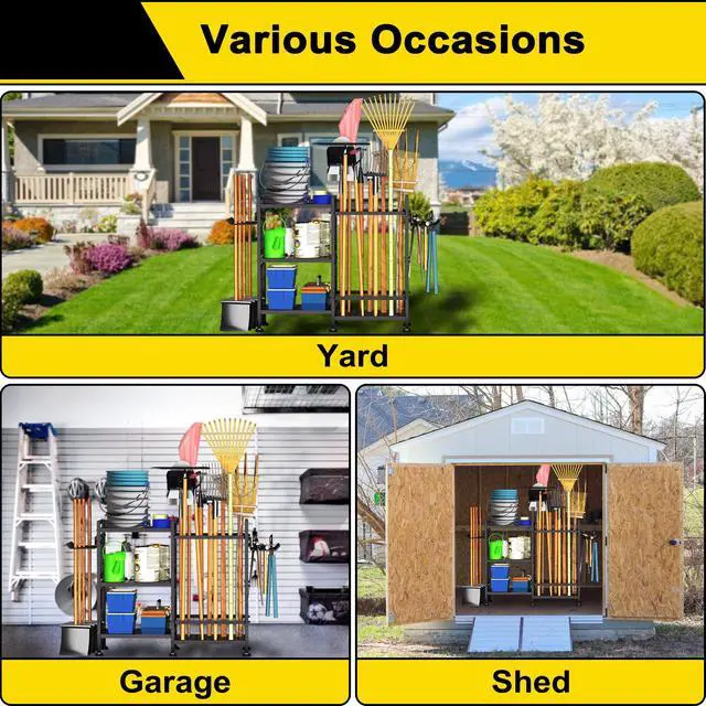 Alt view image 4 of 7 - 6 Tier Garden Tool Organizer, Garage Storage and Organization, Metal Yard Tools Storage Rack, Heavy Duty Garden Tool Organizer for Garage, Yard, Patio, Shed, Indoors and Outdoors, Black