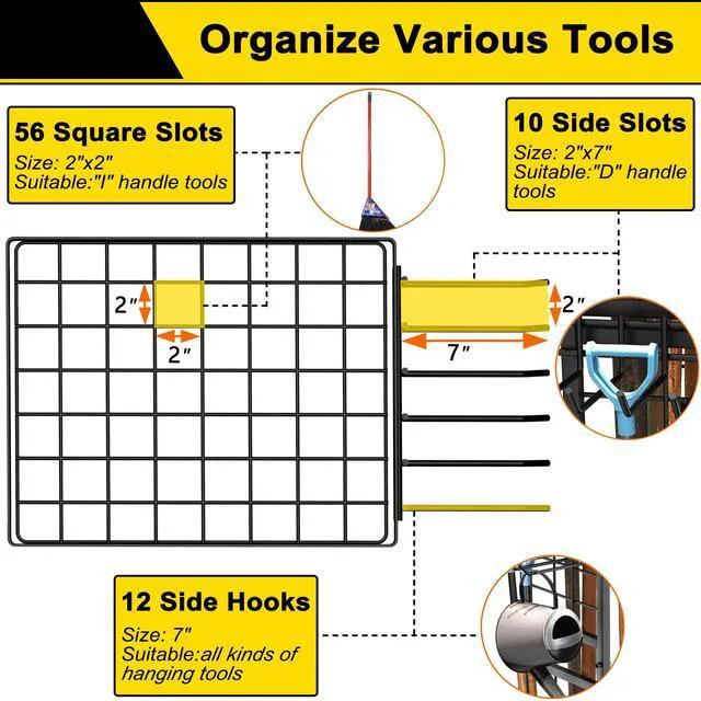 Alt view image 7 of 7 - 6 Tier Garden Tool Organizer, Garage Storage and Organization, Metal Yard Tools Storage Rack, Heavy Duty Garden Tool Organizer for Garage, Yard, Patio, Shed, Indoors and Outdoors, Black