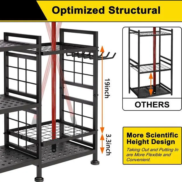 Alt view image 6 of 7 - 6 Tier Garden Tool Organizer, Garage Storage and Organization, Metal Yard Tools Storage Rack, Heavy Duty Garden Tool Organizer for Garage, Yard, Patio, Shed, Indoors and Outdoors, Black