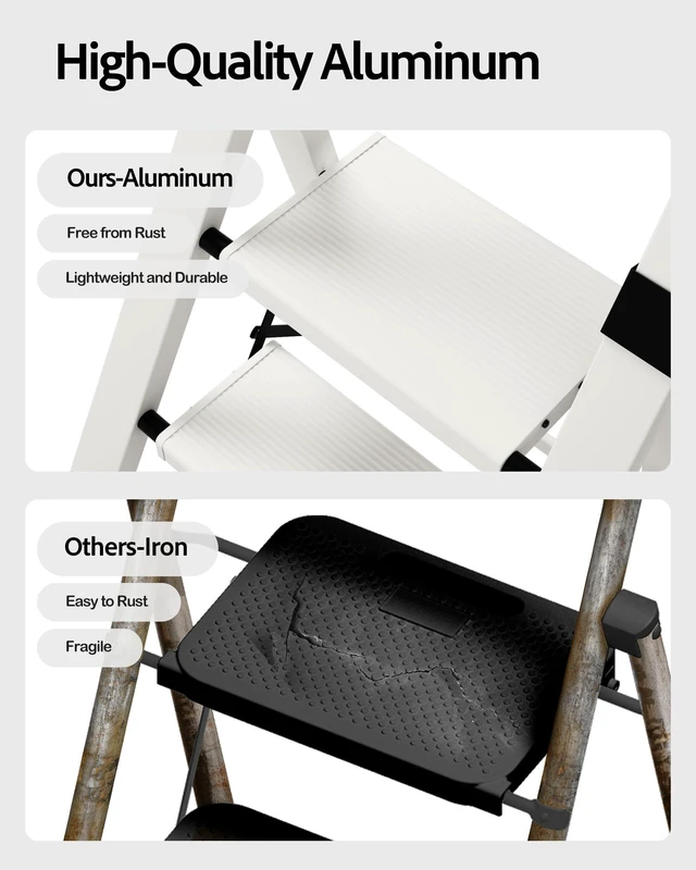 Alt view image 2 of 7 - 3 Step Ladder,Lightweight Aluminum Step Stool Foldable -White Folding Ladder with Handgrip,Wide Top Pedal,330lbs Capacity for Home,Office,Kitchen