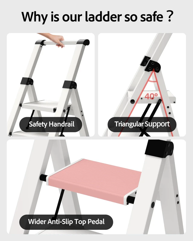 Alt view image 3 of 7 - 3 Step Ladder,Lightweight Aluminum Step Stool Foldable -White Folding Ladder with Handgrip,Wide Top Pedal,330lbs Capacity for Home,Office,Kitchen
