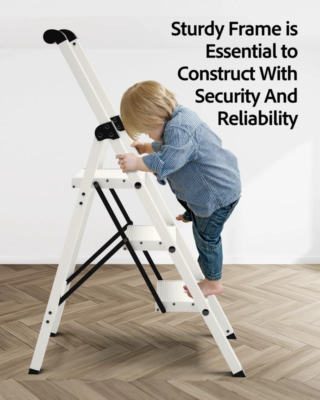 Alt view image 5 of 7 - 3 Step Ladder,Lightweight Aluminum Step Stool Foldable -White Folding Ladder with Handgrip,Wide Top Pedal,330lbs Capacity for Home,Office,Kitchen
