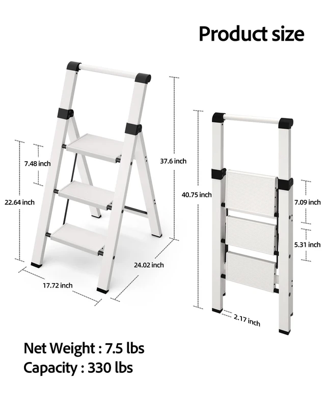 Alt view image 6 of 7 - 3 Step Ladder,Lightweight Aluminum Step Stool Foldable -White Folding Ladder with Handgrip,Wide Top Pedal,330lbs Capacity for Home,Office,Kitchen