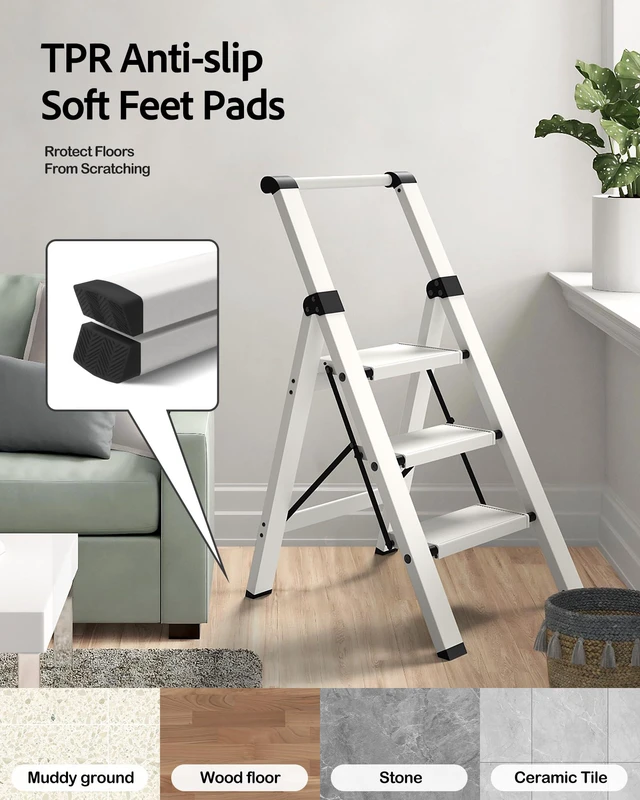 Alt view image 7 of 7 - 3 Step Ladder,Lightweight Aluminum Step Stool Foldable -White Folding Ladder with Handgrip,Wide Top Pedal,330lbs Capacity for Home,Office,Kitchen