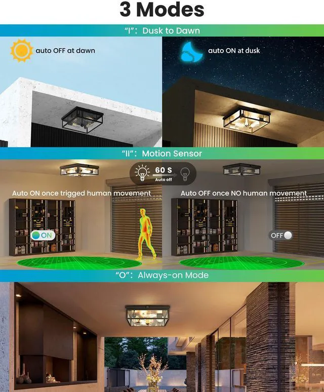 Alt view image 2 of 7 - Caftersmark Outdoor Ceiling Light with Motion Sensor 14, Flush Mount Porch Ceiling Light, lear Glass with Dusk to Dawn 4-Light Close to Ceiling Light Fixture for Patio,Porch,Garage