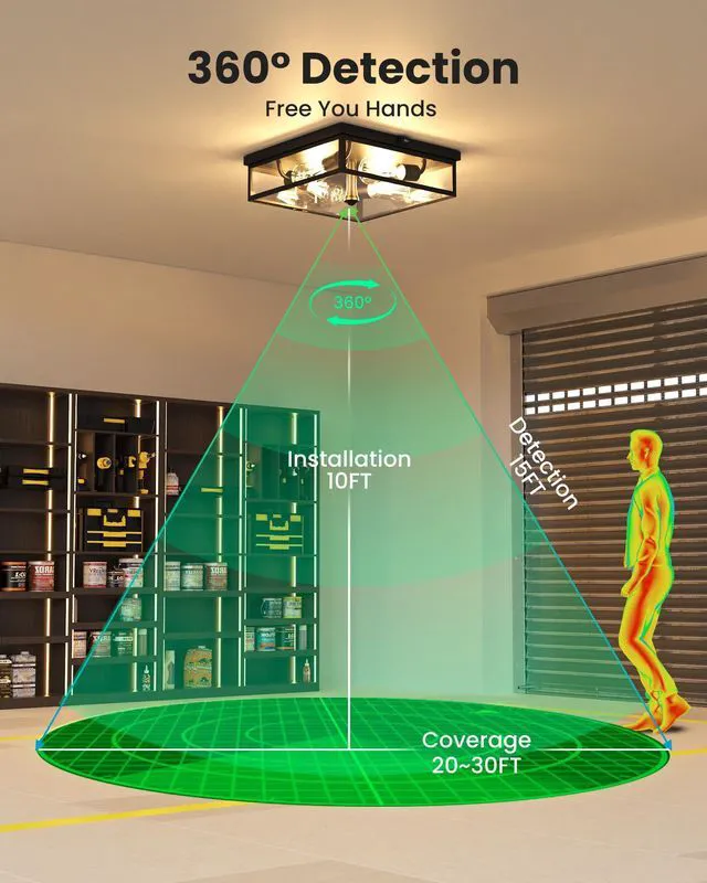 Alt view image 3 of 7 - Caftersmark Outdoor Ceiling Light with Motion Sensor 14, Flush Mount Porch Ceiling Light, lear Glass with Dusk to Dawn 4-Light Close to Ceiling Light Fixture for Patio,Porch,Garage