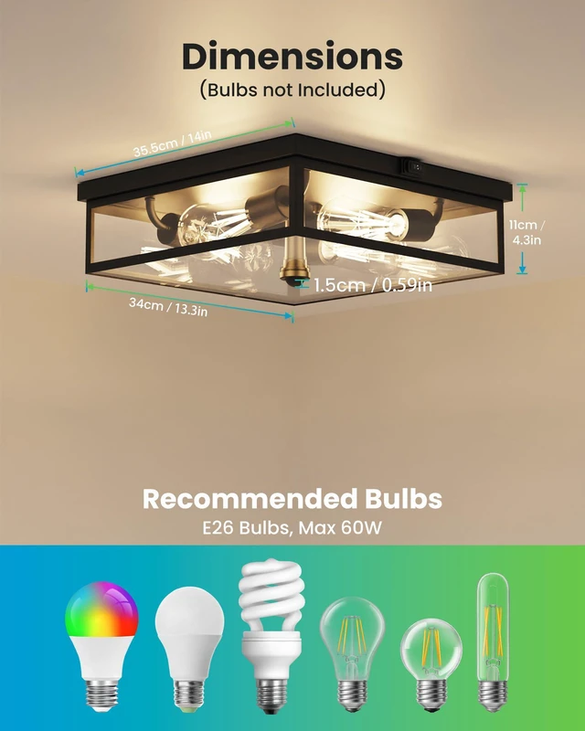 Alt view image 4 of 7 - Caftersmark Outdoor Ceiling Light with Motion Sensor 14, Flush Mount Porch Ceiling Light, lear Glass with Dusk to Dawn 4-Light Close to Ceiling Light Fixture for Patio,Porch,Garage