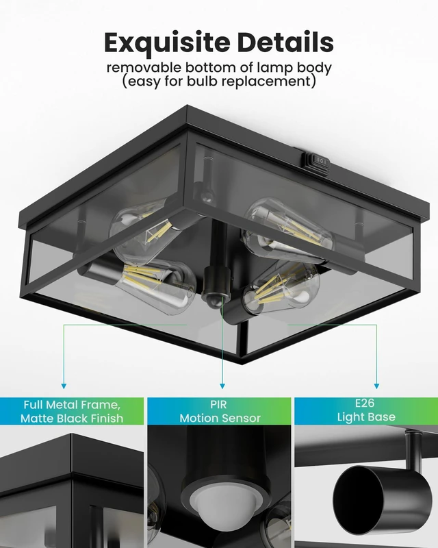 Alt view image 7 of 7 - Caftersmark Outdoor Ceiling Light with Motion Sensor 14, Flush Mount Porch Ceiling Light, lear Glass with Dusk to Dawn 4-Light Close to Ceiling Light Fixture for Patio,Porch,Garage