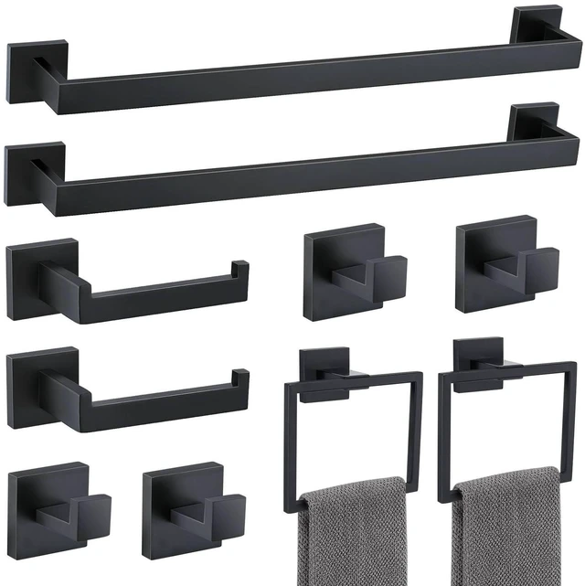 Main image of 10 Pieces Bathroom Hardware Accessories Set Black Towel Bar Set Towel Holder Racks Set for Bathroom,SUS304 Stainless Steel,Wall Mounted 23.6-Inch