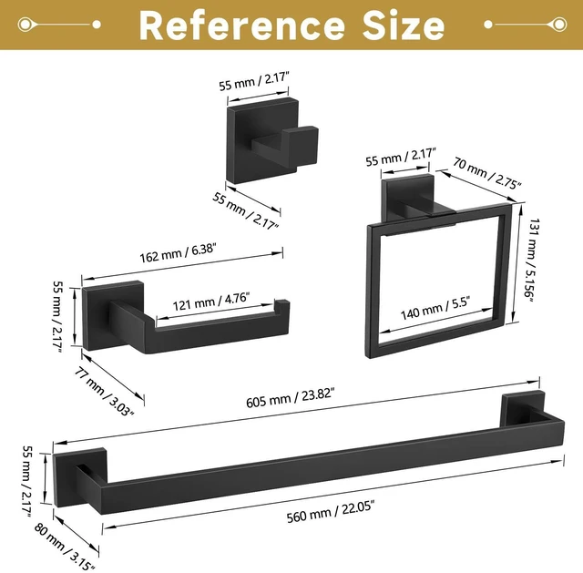 Alt view image 6 of 7 - 10 Pieces Bathroom Hardware Accessories Set Black Towel Bar Set Towel Holder Racks Set for Bathroom,SUS304 Stainless Steel,Wall Mounted 23.6-Inch