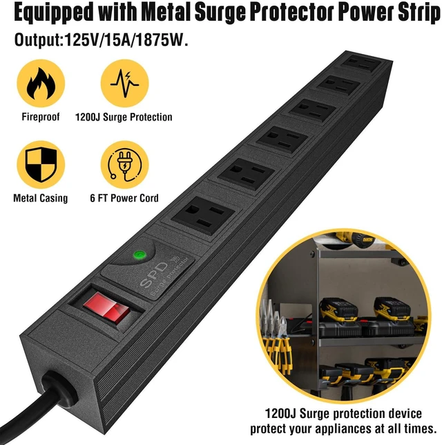 Alt view image 2 of 7 - Power Tool Organizer with Charging Station Wall Mount, Cordless Drill and Battery Holder for Garage Organization, Electric Tools Storage Rack Build in Surge Protection Power Strip - Black Shelf