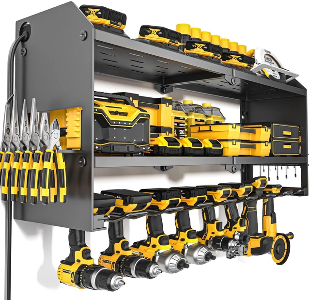 Main image of Power Tool Organizer with Charging Station Wall Mount, Cordless Drill and Battery Holder for Garage Organization, Electric Tools Storage Rack Build in Surge Protection Power Strip - Black Shelf