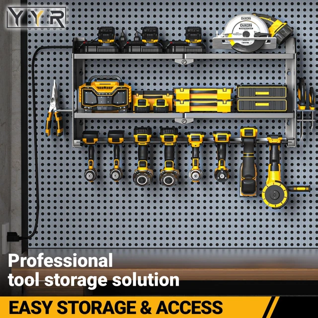 Alt view image 4 of 7 - Power Tool Organizer with Charging Station Wall Mount, Cordless Drill and Battery Holder for Garage Organization, Electric Tools Storage Rack Build in Surge Protection Power Strip - Black Shelf