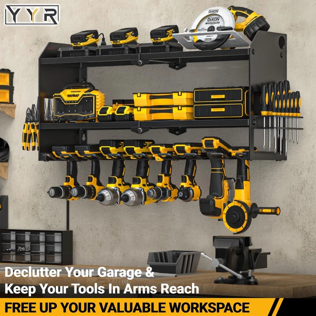 Alt view image 3 of 7 - Power Tool Organizer with Charging Station Wall Mount, Cordless Drill and Battery Holder for Garage Organization, Electric Tools Storage Rack Build in Surge Protection Power Strip - Black Shelf