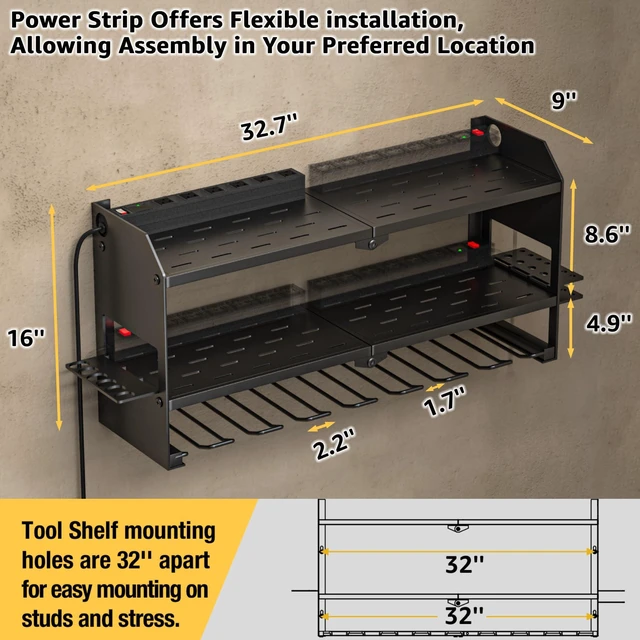 Alt view image 6 of 7 - Power Tool Organizer with Charging Station Wall Mount, Cordless Drill and Battery Holder for Garage Organization, Electric Tools Storage Rack Build in Surge Protection Power Strip - Black Shelf