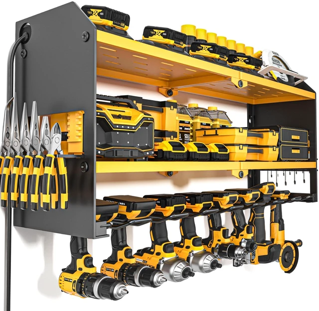 Main image of Power Tool Organizer with Charging Station Wall Mount, Cordless Drill and Battery Holder for Garage Organization, Electric Tools Storage Rack Build in Surge Protection Power Strip - Yellow Shelf