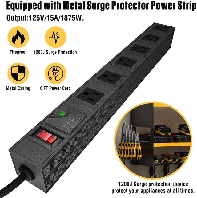 Alt view image 2 of 7 - Power Tool Organizer with Charging Station Wall Mount, Cordless Drill and Battery Holder for Garage Organization, Electric Tools Storage Rack Build in Surge Protection Power Strip - Yellow Shelf