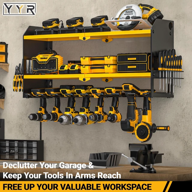 Alt view image 3 of 7 - Power Tool Organizer with Charging Station Wall Mount, Cordless Drill and Battery Holder for Garage Organization, Electric Tools Storage Rack Build in Surge Protection Power Strip - Yellow Shelf
