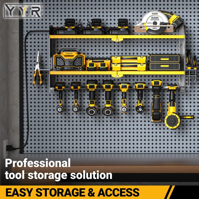 Alt view image 4 of 7 - Power Tool Organizer with Charging Station Wall Mount, Cordless Drill and Battery Holder for Garage Organization, Electric Tools Storage Rack Build in Surge Protection Power Strip - Yellow Shelf