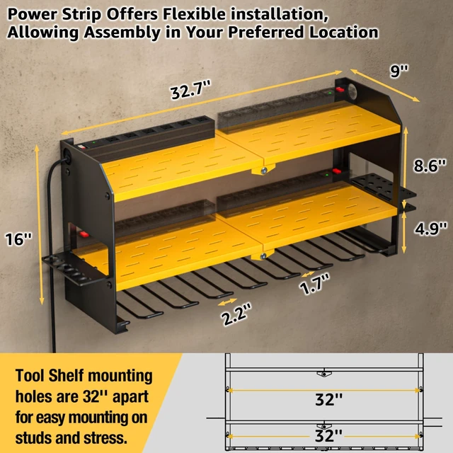 Alt view image 6 of 7 - Power Tool Organizer with Charging Station Wall Mount, Cordless Drill and Battery Holder for Garage Organization, Electric Tools Storage Rack Build in Surge Protection Power Strip - Yellow Shelf