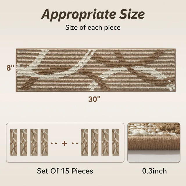 Alt view image 2 of 7 - Peel and Stick Stair Treads Non Slip for Wooden Steps 15 PCS, 8"x30" 3D Textured Carpet Stair Tread Indoor, Residue-Free Adhesive Washable Stair Runner Rug for Kids, Elders & Pets, Brown