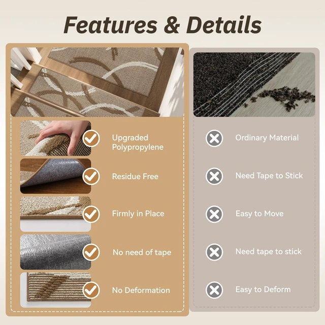 Alt view image 5 of 7 - Peel and Stick Stair Treads Non Slip for Wooden Steps 15 PCS, 8"x30" 3D Textured Carpet Stair Tread Indoor, Residue-Free Adhesive Washable Stair Runner Rug for Kids, Elders & Pets, Brown
