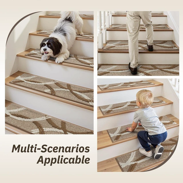 Alt view image 7 of 7 - Peel and Stick Stair Treads Non Slip for Wooden Steps 15 PCS, 8"x30" 3D Textured Carpet Stair Tread Indoor, Residue-Free Adhesive Washable Stair Runner Rug for Kids, Elders & Pets, Brown