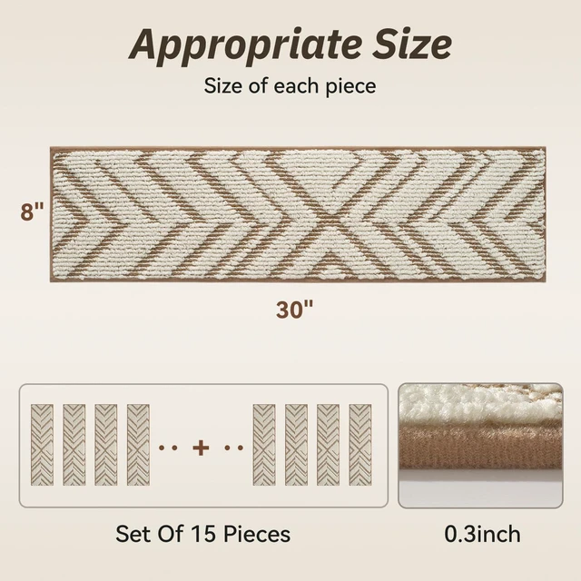 Alt view image 2 of 7 - Stair Treads Non Slip, 15 PCS Stair Treads for Wooden Steps, 8"x30" 3D Peel and Stick Carpet Stair Tread Indoor, Residue-Free Adhesive Washable Stair Runner Rug for Kids, Elders & Pets, Brown