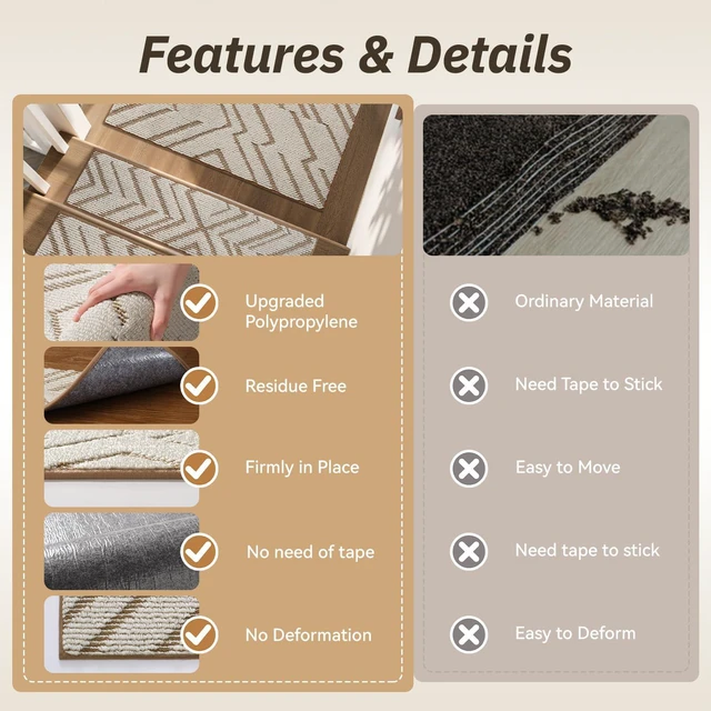 Alt view image 5 of 7 - Stair Treads Non Slip, 15 PCS Stair Treads for Wooden Steps, 8"x30" 3D Peel and Stick Carpet Stair Tread Indoor, Residue-Free Adhesive Washable Stair Runner Rug for Kids, Elders & Pets, Brown