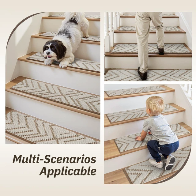 Alt view image 7 of 7 - Stair Treads Non Slip, 15 PCS Stair Treads for Wooden Steps, 8"x30" 3D Peel and Stick Carpet Stair Tread Indoor, Residue-Free Adhesive Washable Stair Runner Rug for Kids, Elders & Pets, Brown