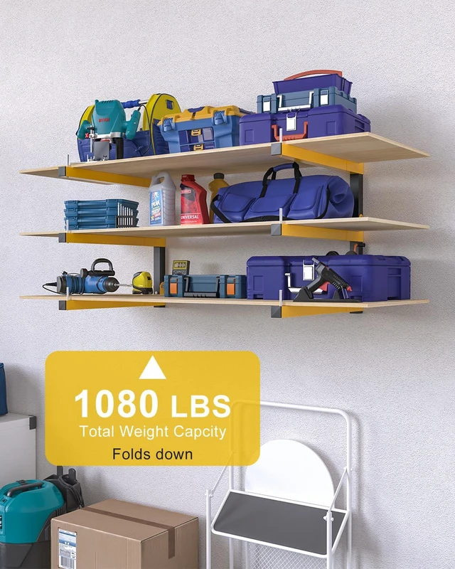 Alt view image 7 of 7 - Lumber Rack Wall Mount Storage Racks Folding Wood Organizer Heavy Duty Shelf Brackets With 9-Level 1080 Lbs Capacity Yellow Metal Utility Racks Garage Wall Shelving for Indoor and Outdoor Use (6 Pack)