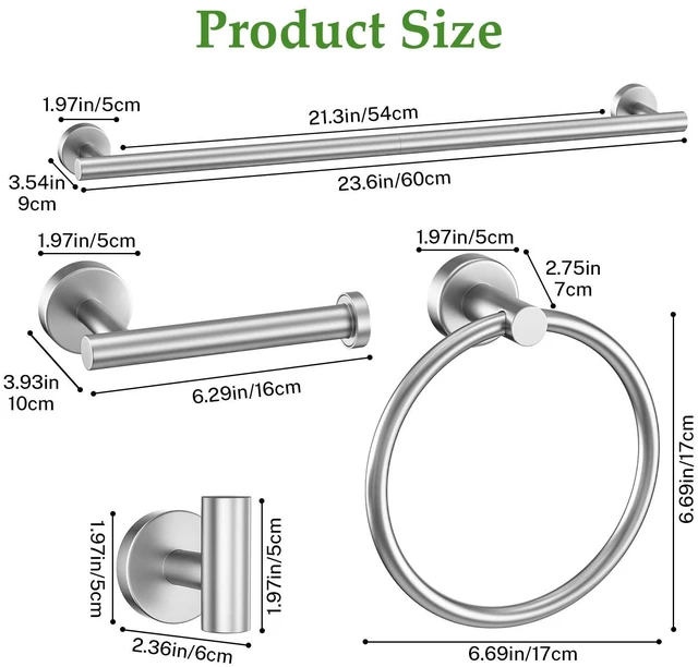 Alt view image 6 of 7 - 6-Piece Towel Bar Set Brushed Nickel Bathroom Hardware Accessories Set Includes 23.6in Towel Bar 2 Round Towel Ring Stainless Steel Wall-Mounted