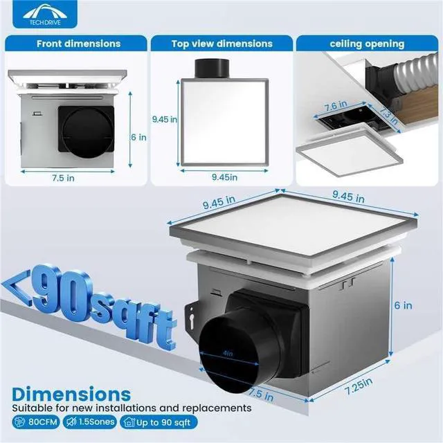 Alt view image 2 of 7 - Modern Nickel Bathroom Fan with Light, 80CFM,1.5Sone 1000lm Dimmable 5CCT LED Light Selectable, Quiet Ventilation fan with night light,Energy Star Certified