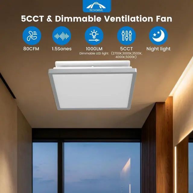Alt view image 5 of 7 - Modern Nickel Bathroom Fan with Light, 80CFM,1.5Sone 1000lm Dimmable 5CCT LED Light Selectable, Quiet Ventilation fan with night light,Energy Star Certified