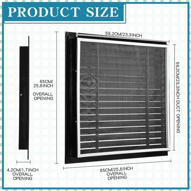 Alt view image 2 of 6 - 2 Pcs 26" x 26" Gable Vent Aluminum Alloy Wall Vents Shed Attic Vent with Screen Return Air Grill with Screws, for Ventilation Exterior Doors Wall House (Black)