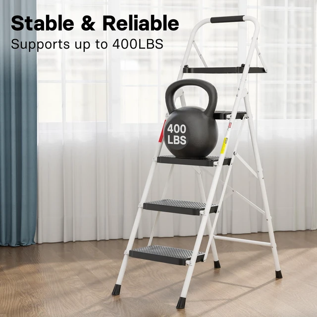 Alt view image 3 of 7 - 4-Step Ladder, Folding Step Stool, 600lbs Max Load, White Tool Tray, Anti-Slip Pedals, Sturdy Steel, Lightweight Portable Design with Handrail for Home & Work Use