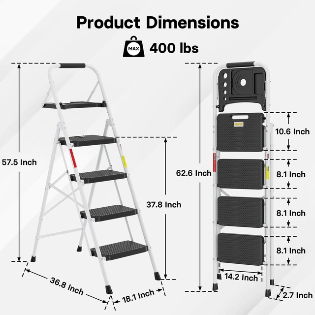 Alt view image 7 of 7 - 4-Step Ladder, Folding Step Stool, 600lbs Max Load, White Tool Tray, Anti-Slip Pedals, Sturdy Steel, Lightweight Portable Design with Handrail for Home & Work Use