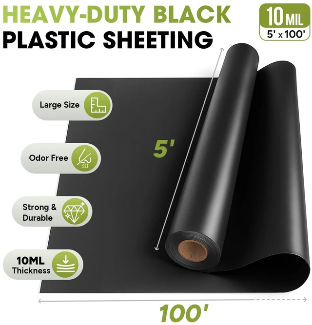Alt view image 4 of 7 - 10 Mil Black Plastic Sheeting 5x100 FT Heavy Duty Polyethylene Plastic Rolls for Garden, Black Plastic Rolls for Crawl Space Vapor Barrier, Construction, Landscaping, Weed and Moisture Control